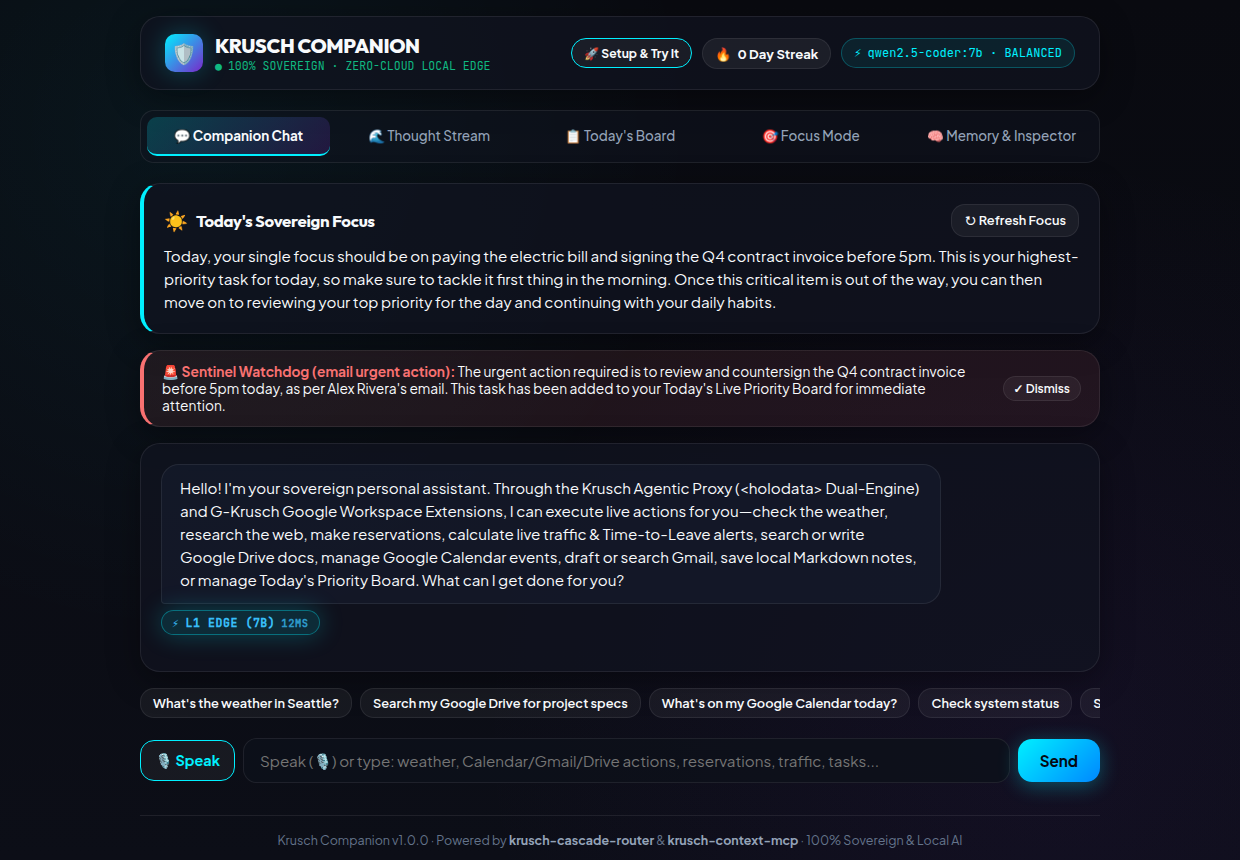 Krusch Companion Agentic Chat UI with Voice Dictation, Confirm-Before-Act Gate, and Live Routing Inspector