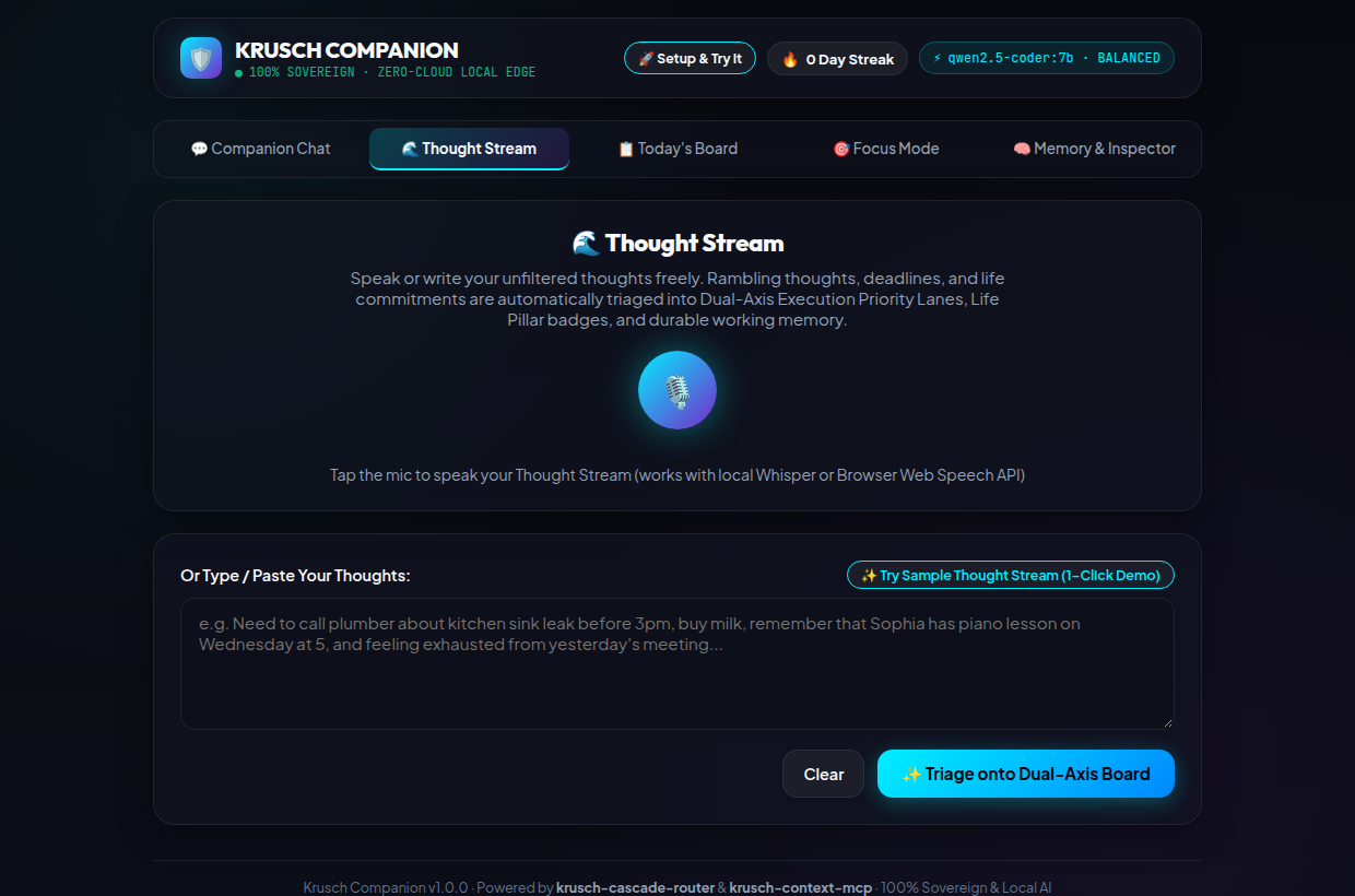 Krusch Companion Voice and Text Thought Stream Triage
